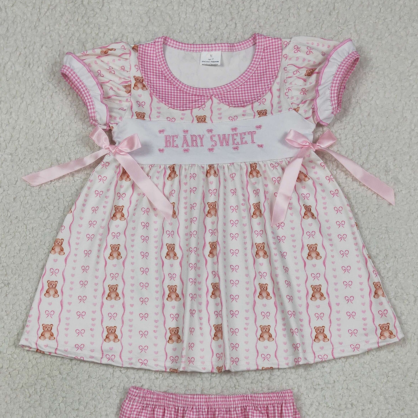 GBO0520 RTS NO MOQ （In stock）Embroidery Be Ary Sweet Baby Girls Heart Bears Stripe Tunic Bummies Clothes Sets