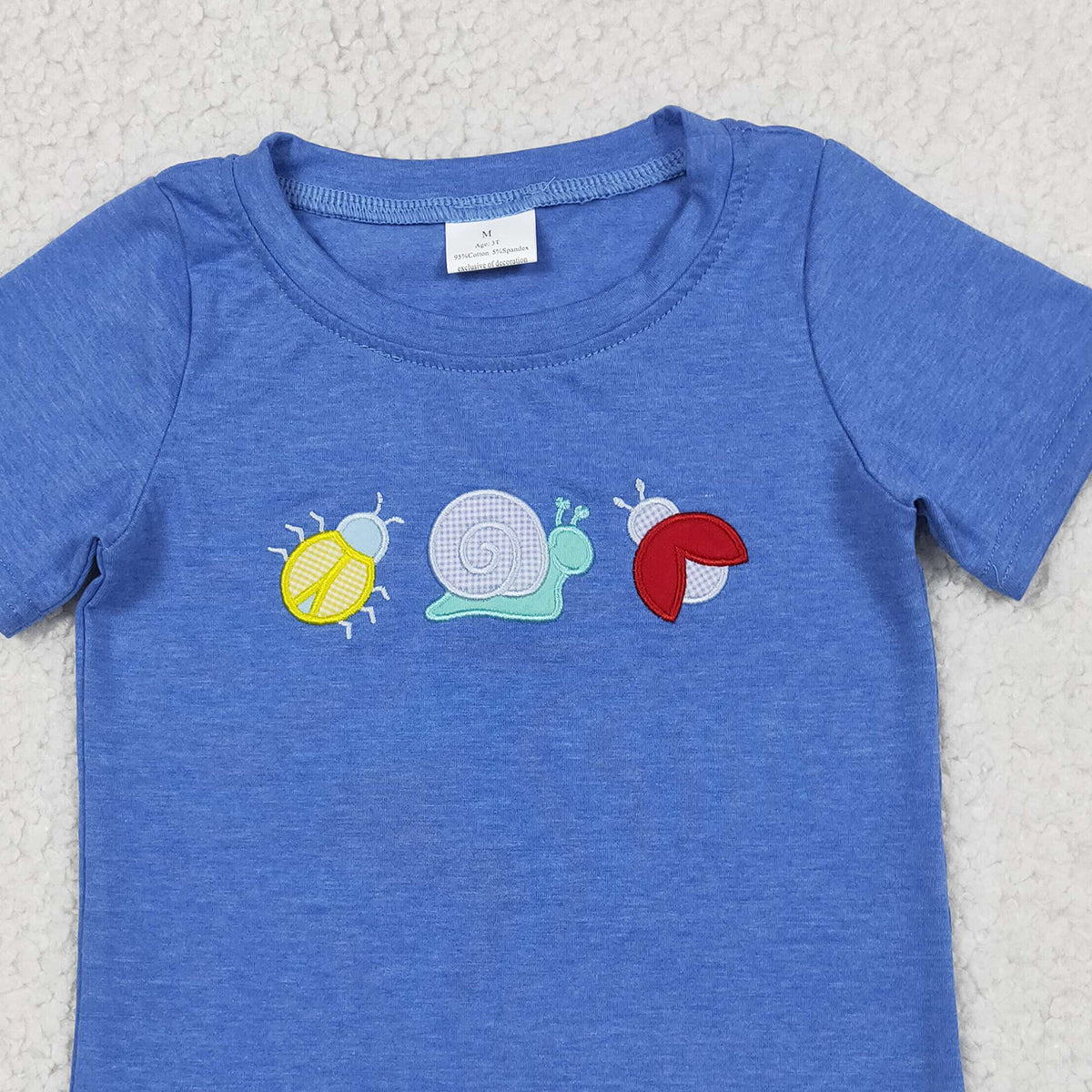 BT1725 RTS NO MOQ （In stock ）Blue cotton short sleeves snail embroidery boys shirt