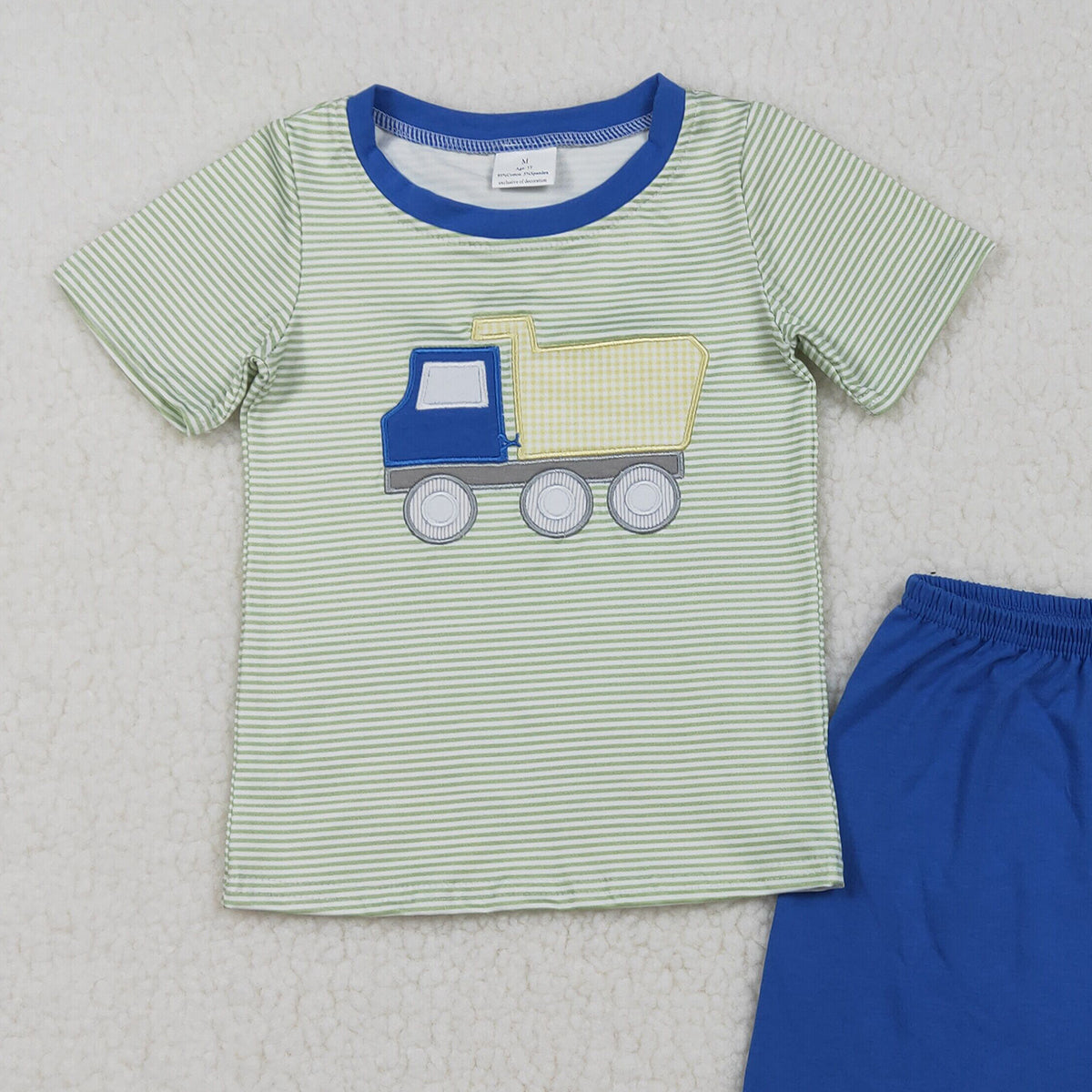 3.25 RTS NO MOQ （In stock）BSSO1833 Fashion Clothing For Baby Boys Short Sleeve Embroidery Tractors Stripe Top Shorts Clothes Sets