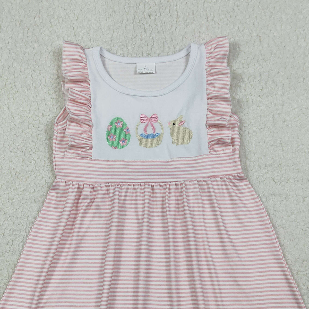 1.13 RTS NO MOQ （In stock）GSD2957 Embroidery Rabbit Eggs Baby Girls Pink Stripe Easter Knee Length Dresses