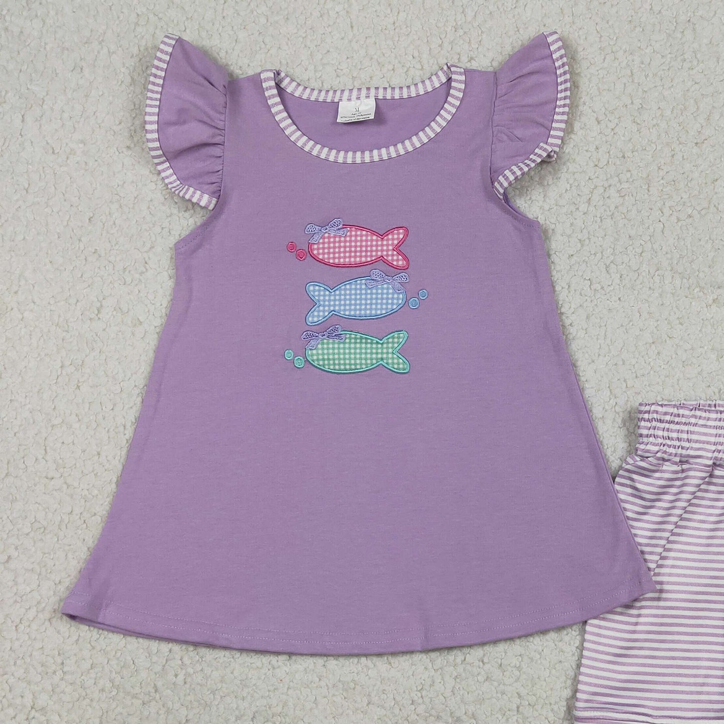 GSSO3242  RTS NO MOQ （In stock Baby Girls Embroidery Fishes  Tunic Scallop Stripe Shorts Hunting Clothes Sets