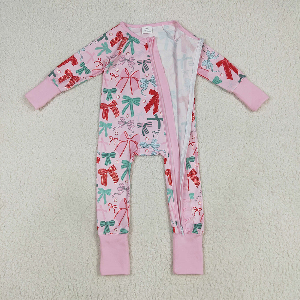 LR2266 RTS NO MOQ Baby Girls Winter Rompers Baby Girls Pink Long Sleeves Colorful Bows Zipper Rompers