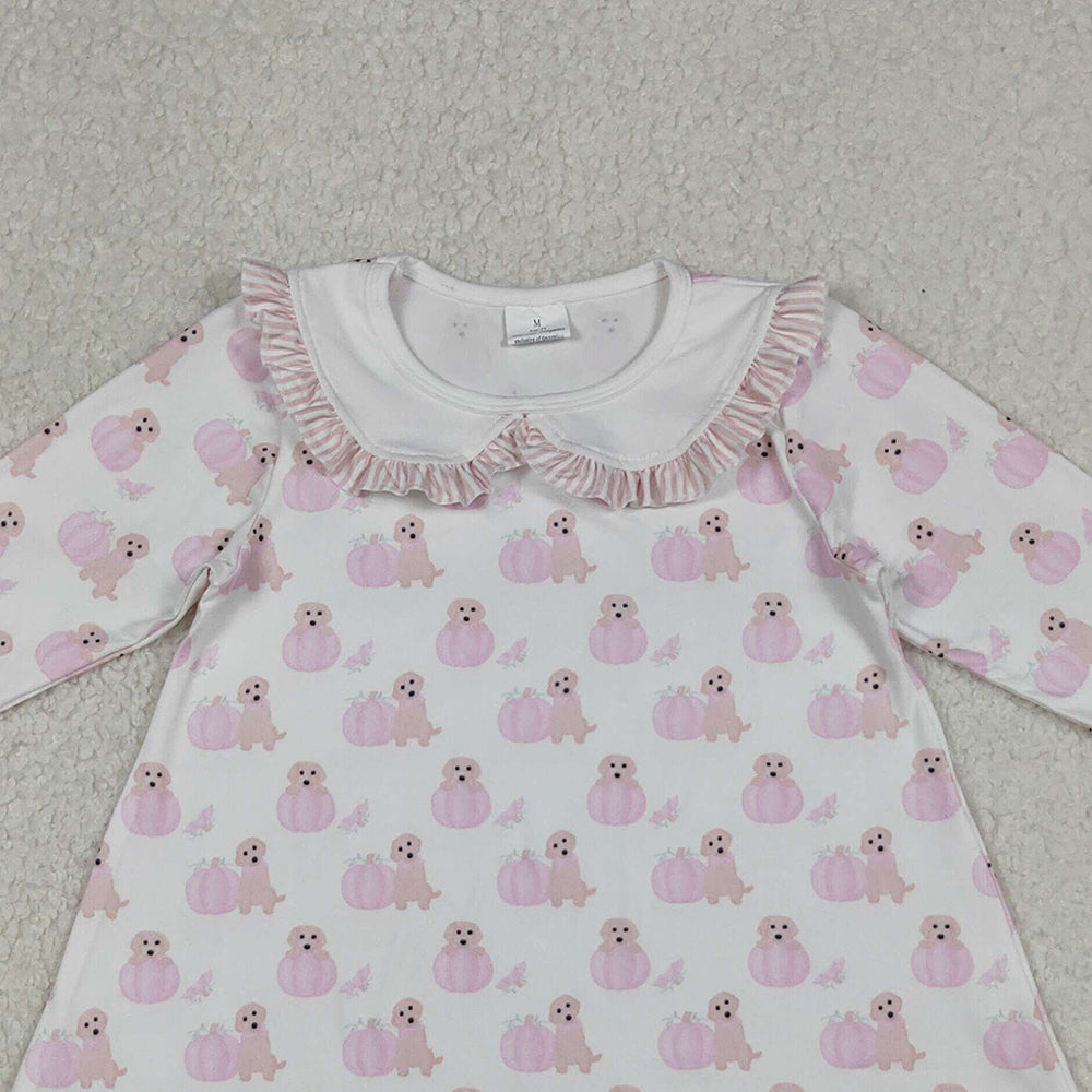 9.27 RTS NO MOQ （In stock）GLD1157 Baby Girls Winter Dress Baby Girls Pink Dog Pumpkins Fall Knee Length Dresses