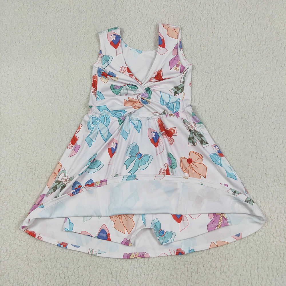 8.12  GSD2049 RTS NO MOQ Baby Girls Summer Yoga Dress Baby Girls Colorful Hero Bows Athletic Active Wear Knee Length Dresses