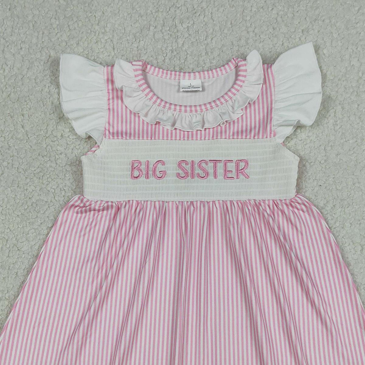 4.14 GSD3153 RTS NO MOQ （In stock）Flutter sleeves big sister smocked stripe girls dresses