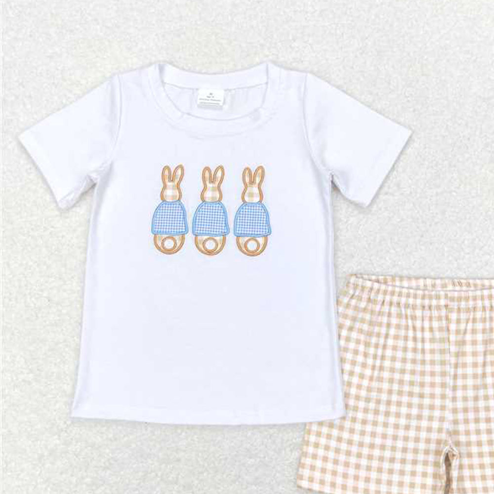 6.11   BSSO0383 RTS NO MOQ Baby Boys Summer Boys Outfits Baby Boys Toddler Easter Rabbits Khaki Shorts Clothes Sets