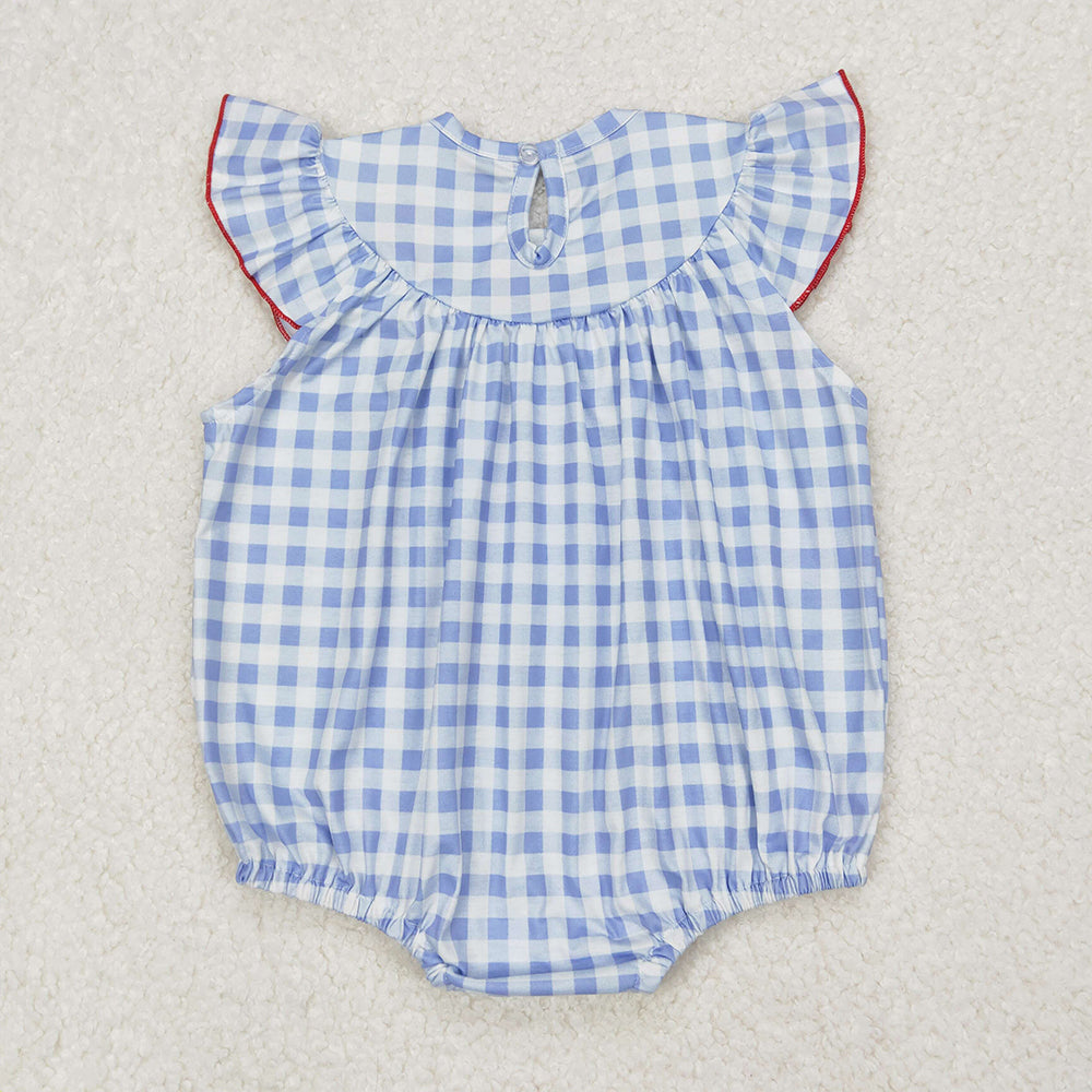 4.11 SR2571 RTS NO MOQ Light blue plaid flag smocked baby girls 4th of july romper