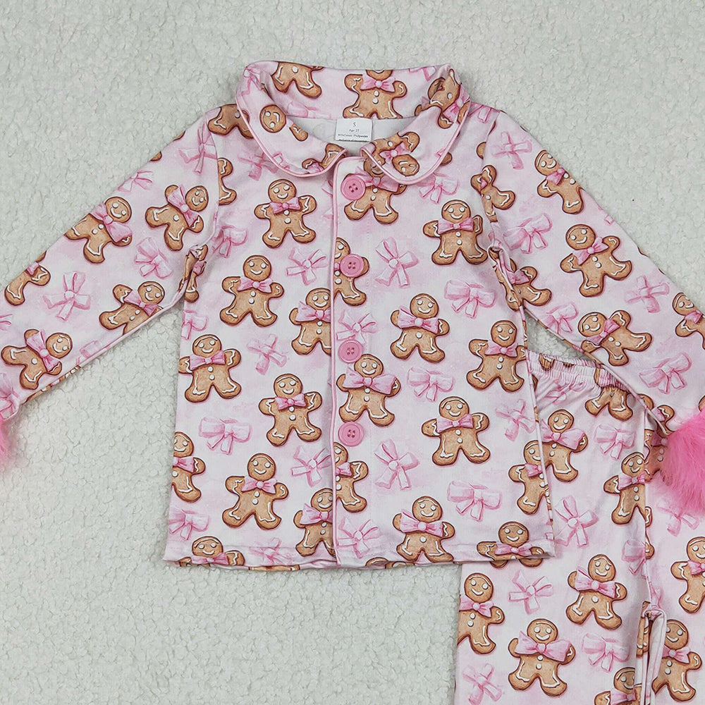 RTS NO MOQ （In stock）GLP2374 Baby Girls Winter Outfits Girls Pink Fur Pajamas with Gingerbread Bow Christmas Theme Button down Nightwear for Kids