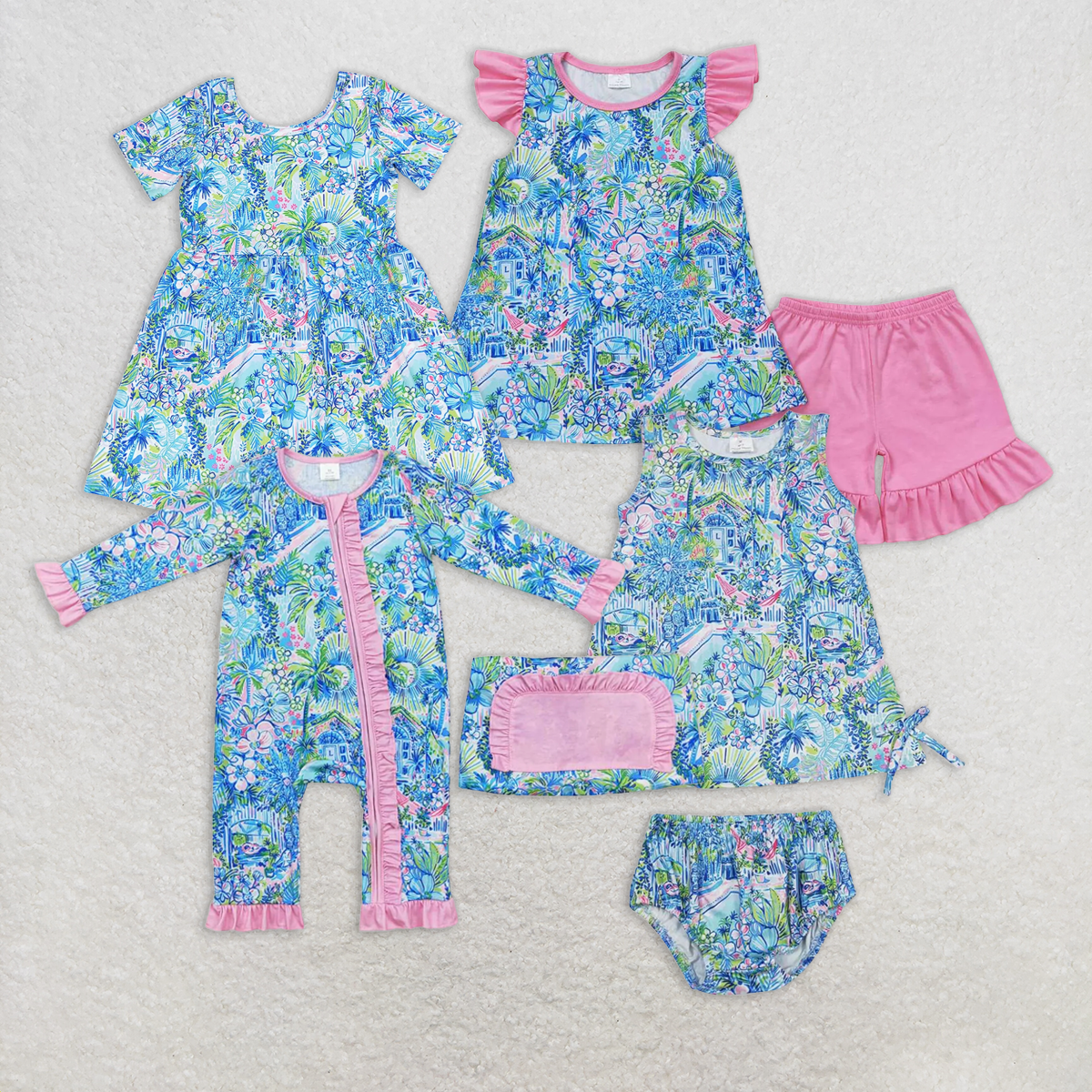 7.19   RTS NO MOQ Blue floral watercolor top pink ruffle shorts girls clothes dress rompers