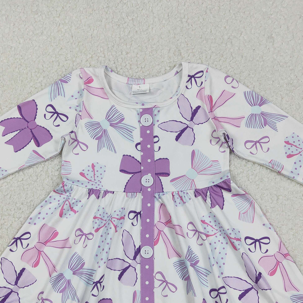 12.5 RTS NO MOQ （In stock）GLD1271 Baby Girls Winter Dress Baby Girls Purple Bows Button Ruffle Knee Length Dresses