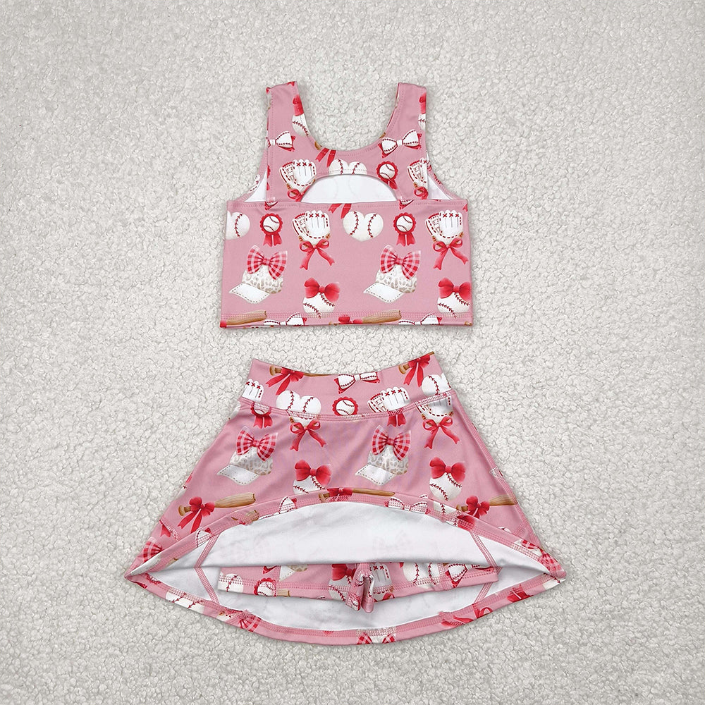 5.16  GSD2044 RTS NO MOQ Baby Girls Yoga Outfits Baby Girls Baseball Bows Athletic Active Wear Top Shorts Skirts Clothes Sets