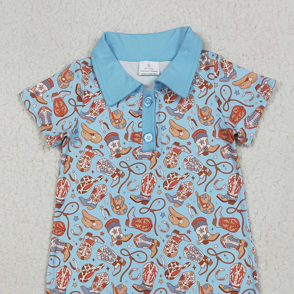 8.18  SR3128 RTS NO MOQ Baby Boys Summer Rompers Baby Kids Blue Short Sleeves Boots Hats Button Rompers