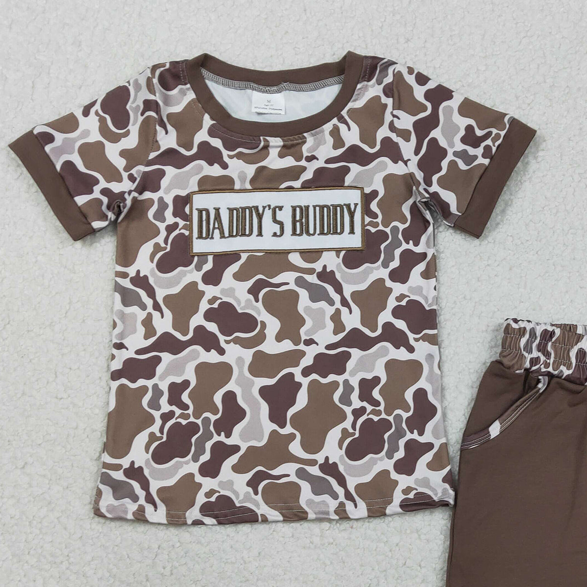 1.27 RTS NO MOQ （In stock）BSSO1832 Embroidery Daddy's Buddy Baby Boys Southern Brown Camo Pockets Shorts Clothes Sets