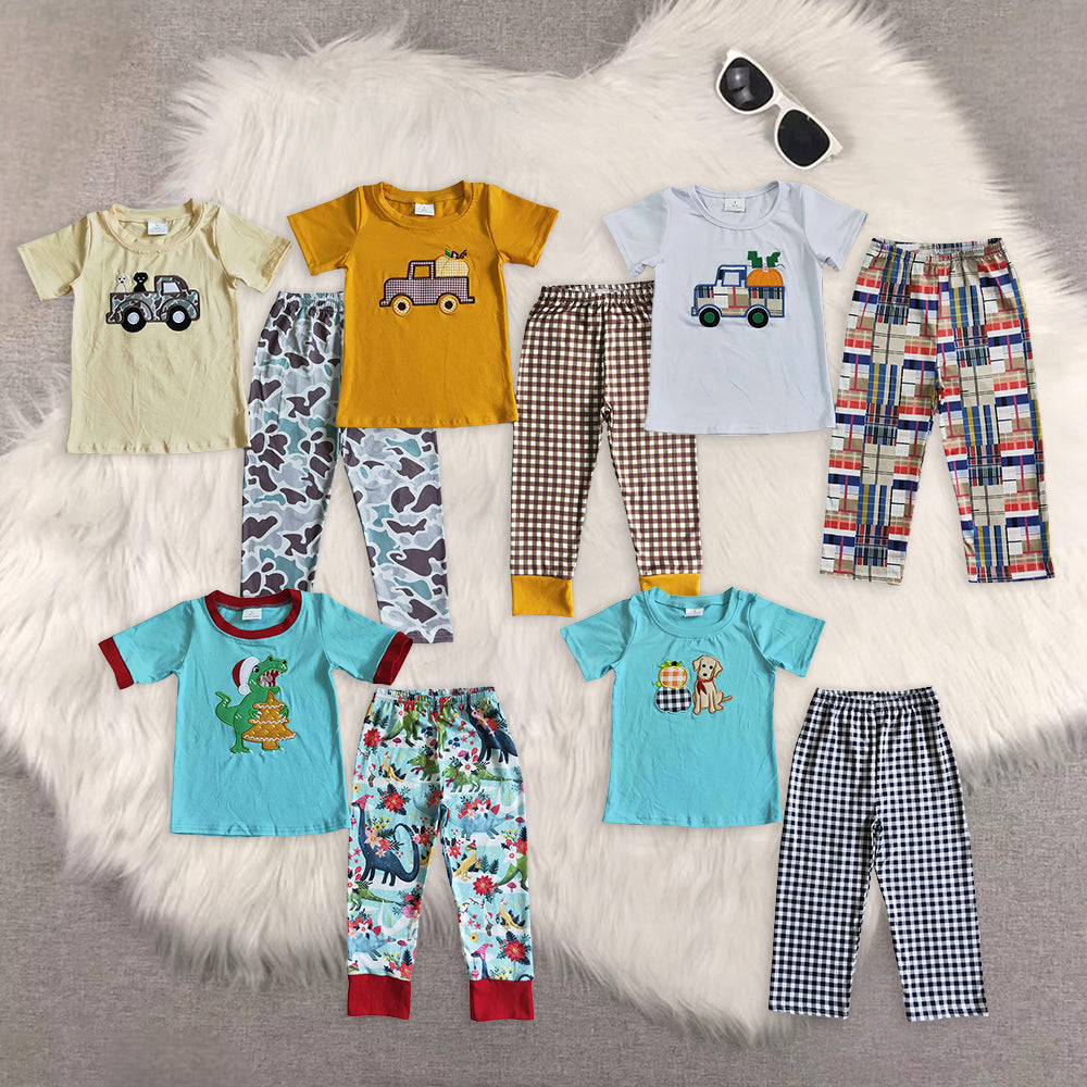 8.13  RTS Sibling Dog pumpkin embroidery plaid pants baby boy fall clothes