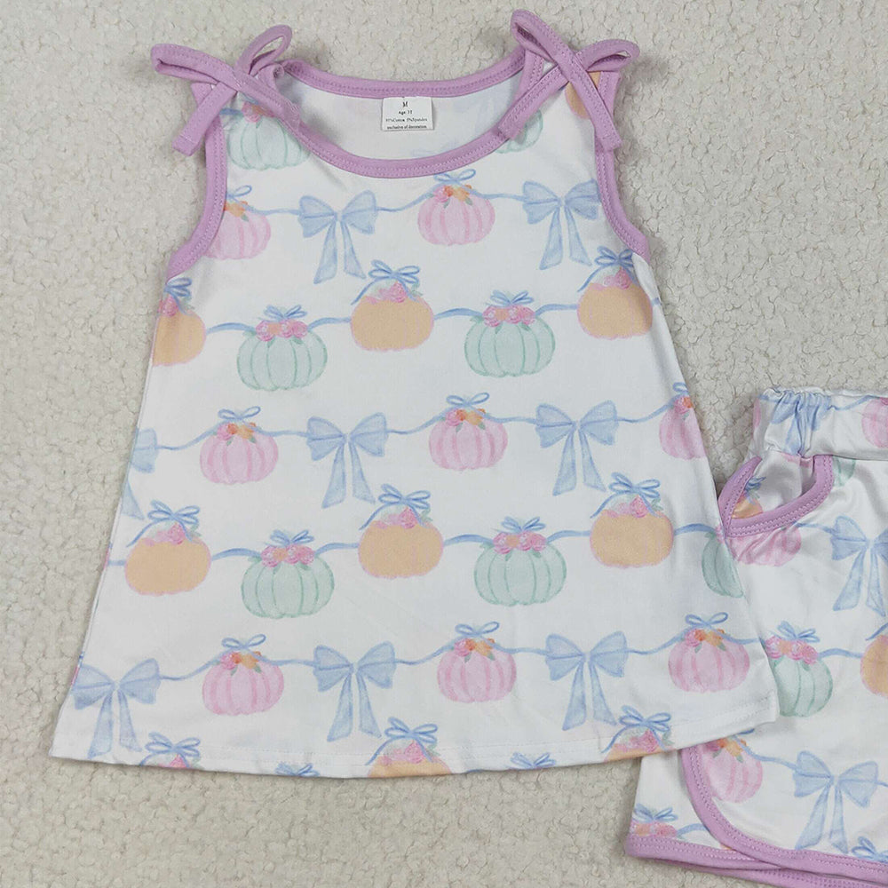RTS NO MOQ （In stock）GSSO2668 Baby Girls Summer Outfits Baby Girls Bows Sleeveless Pumpkins Stripe Tunic Pockets Short Sets