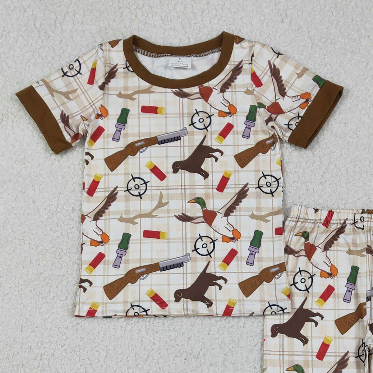 12.17 RTS NO MOQ （In stock）BSPO0634 Baby Boys Khaki Checked Dogs Ducks Top Pants Hunting Pajamas Sets