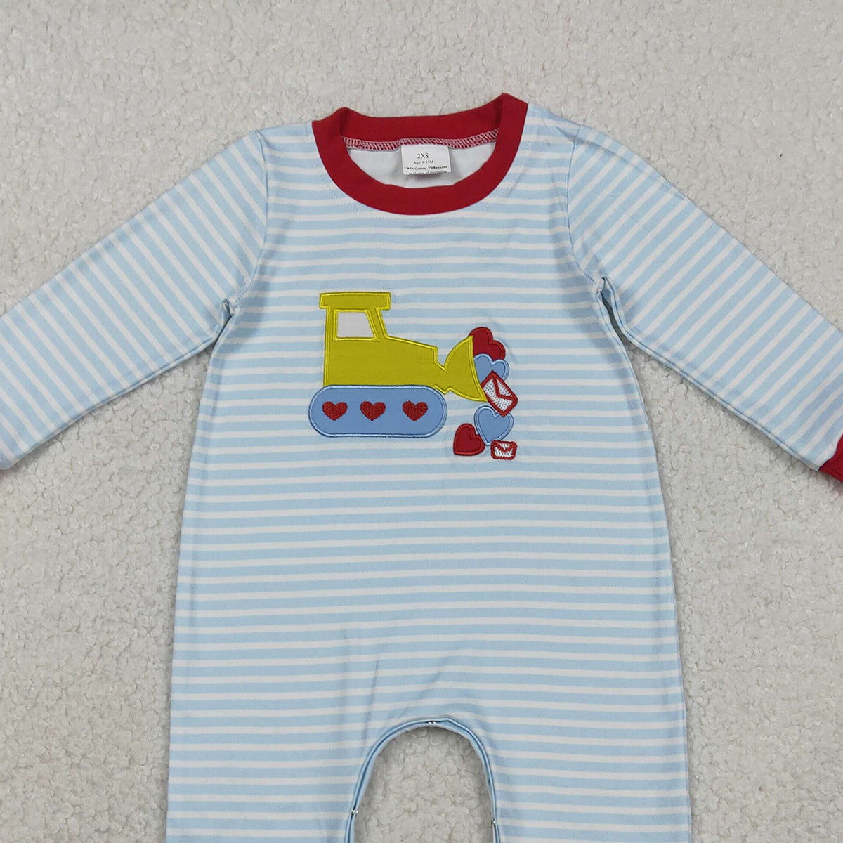 11.24 RTS NO MOQ （In stock）LR2708 Baby Boys Winter Rompers Embroidery Hearts Excavator Baby Boys Blue Stripe Valentines Footie Rompers