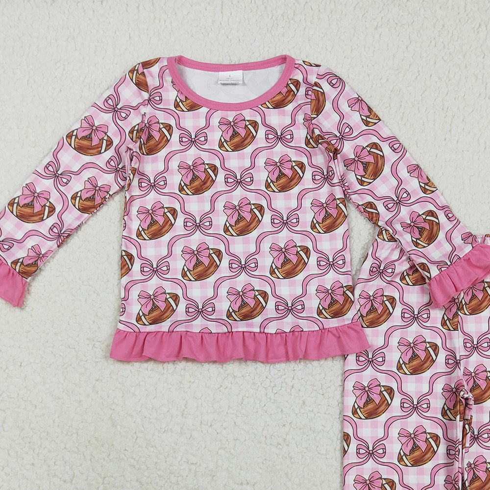 RTS NO MOQ （In stock）GLP2535 Baby Girls Winter Outfits Baby Girls Pink Bows Footballs Top Pant Team Pajamas Set