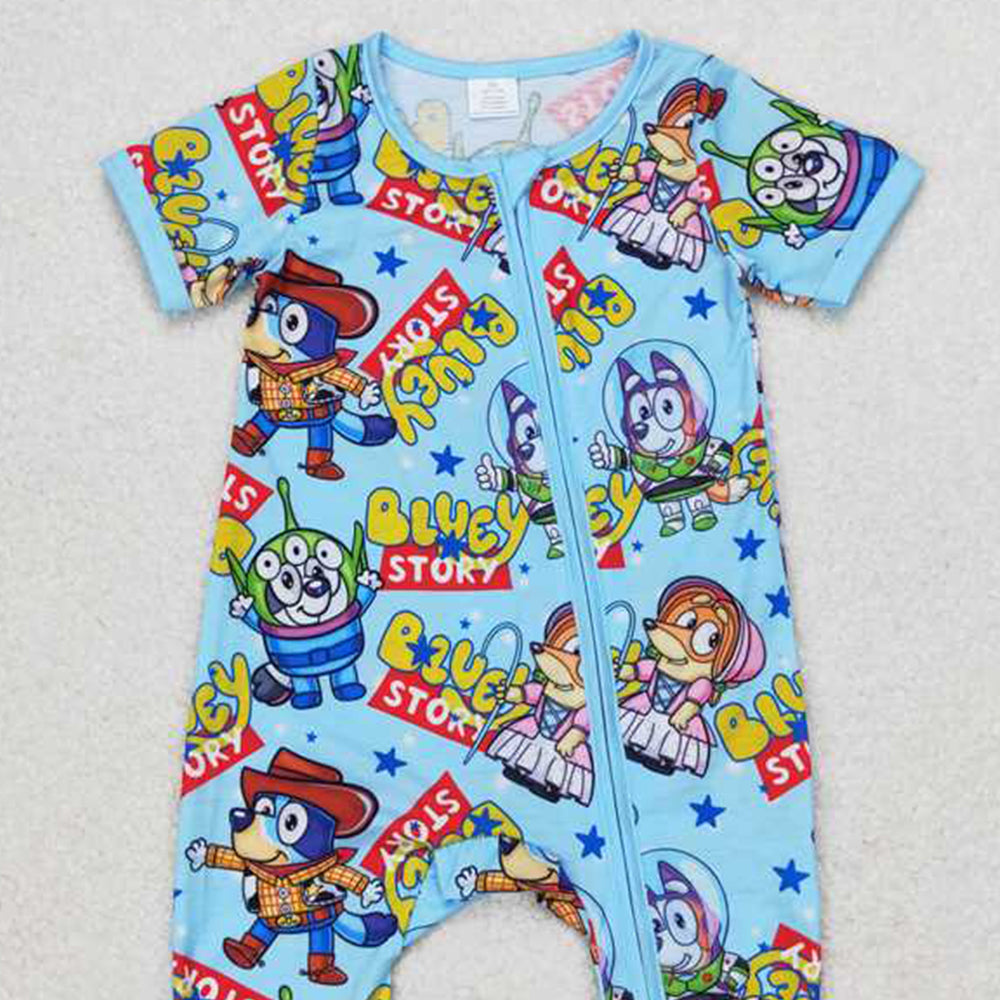 4.25 SR1723 RTS NO MOQ Short sleeves blue dog toy baby boy zipper romper