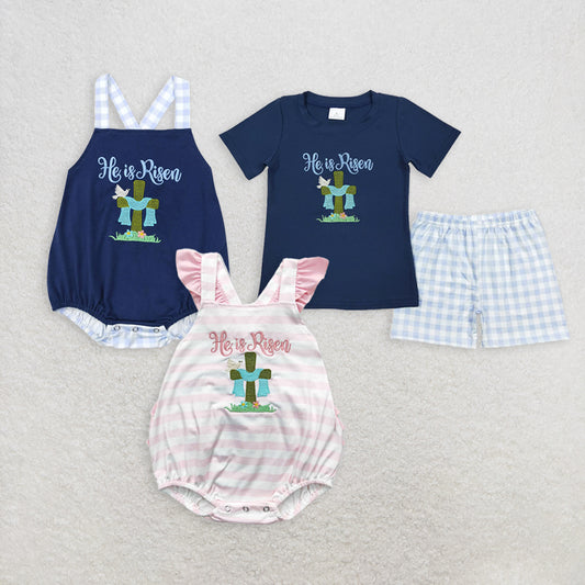 8.14 RTS Sibling He is risen cross top plaid shorts boy easter outfits