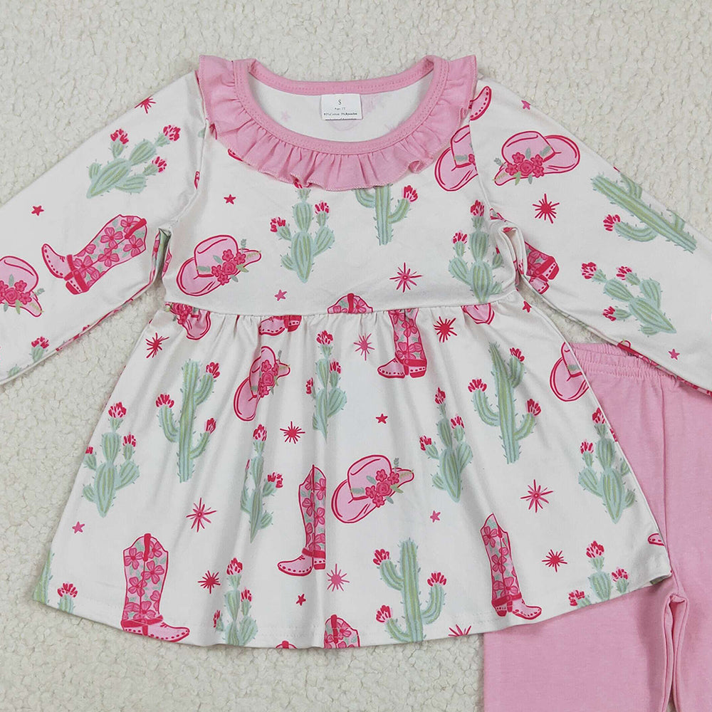 RTS NO MOQ （In stock）GLP2367 Baby Girls Winter Outfits Baby Girls Pink Boots Cactus Tunic Legging Pants Western Set