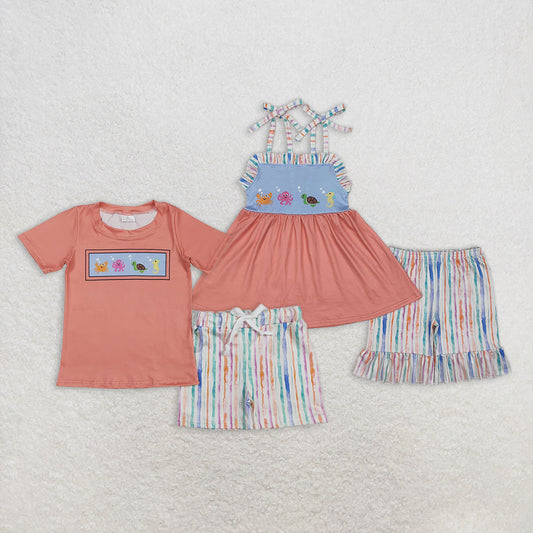 7.15  RTS NO MOQ Crab octopus turtle seahorse top shorts boys and girls summer clothes