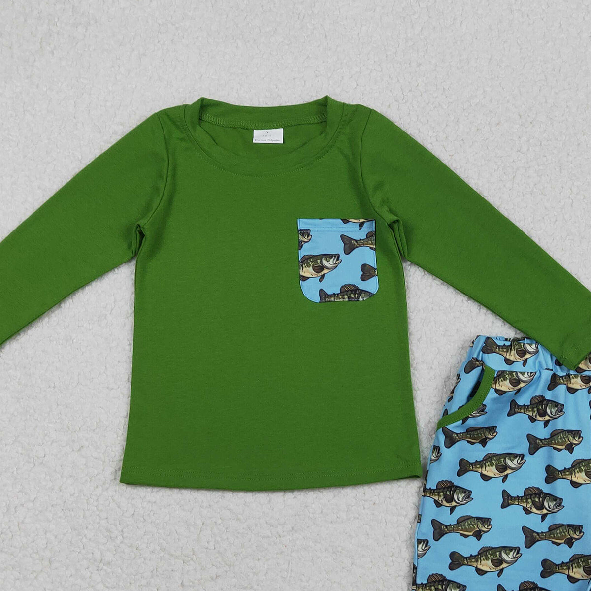 10.28 RTS NO MOQ （In stock）BLS0010 Baby Boys Green Long Sleeve Fishes Plaid Top Pockets Shorts Hunting Clothes Sets