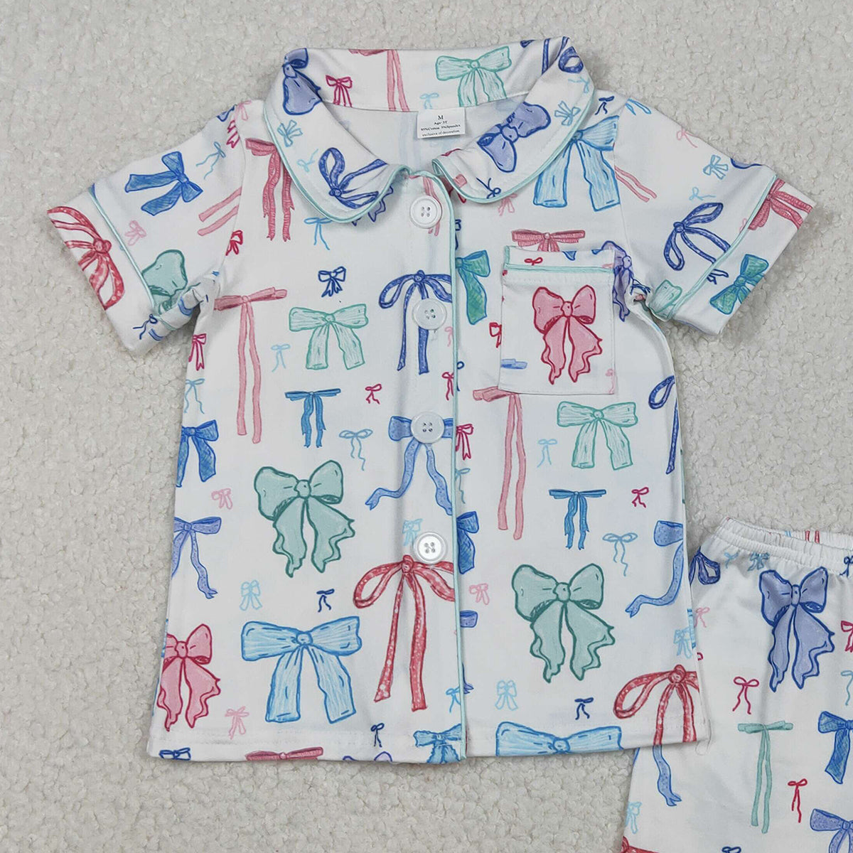 11.8 RTS NO MOQ （In stock）GSSO2217 Baby Girls Colorful Bows Buttons Shirts Top Shorts Pajamas Sets