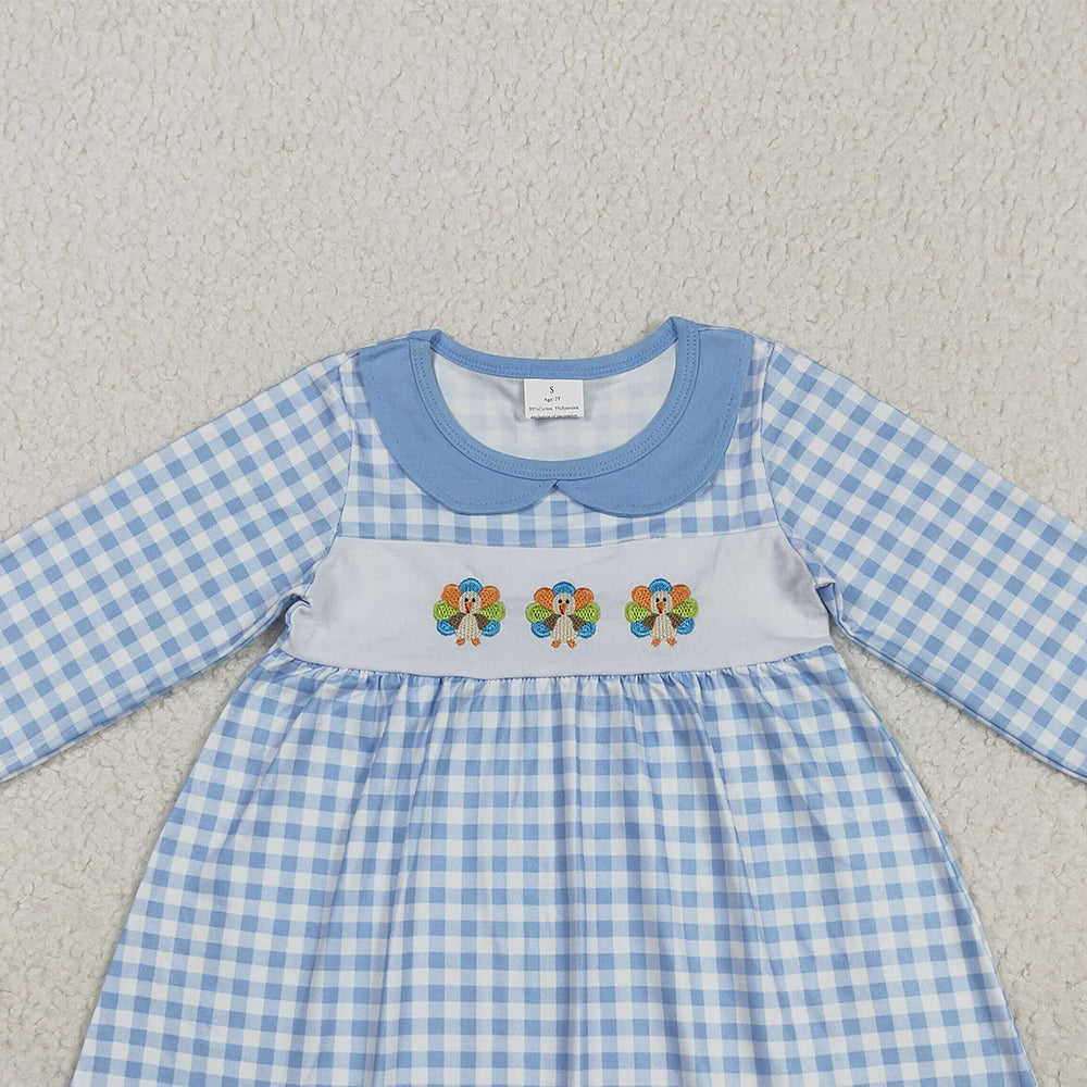 8.25  RTS NO MOQ （In stock）GLD1070 Baby Girls Winter Dress Embroidery Baby Girls Blue Checkered Thanksgiving Turkey Ruffle Knee Length Dress