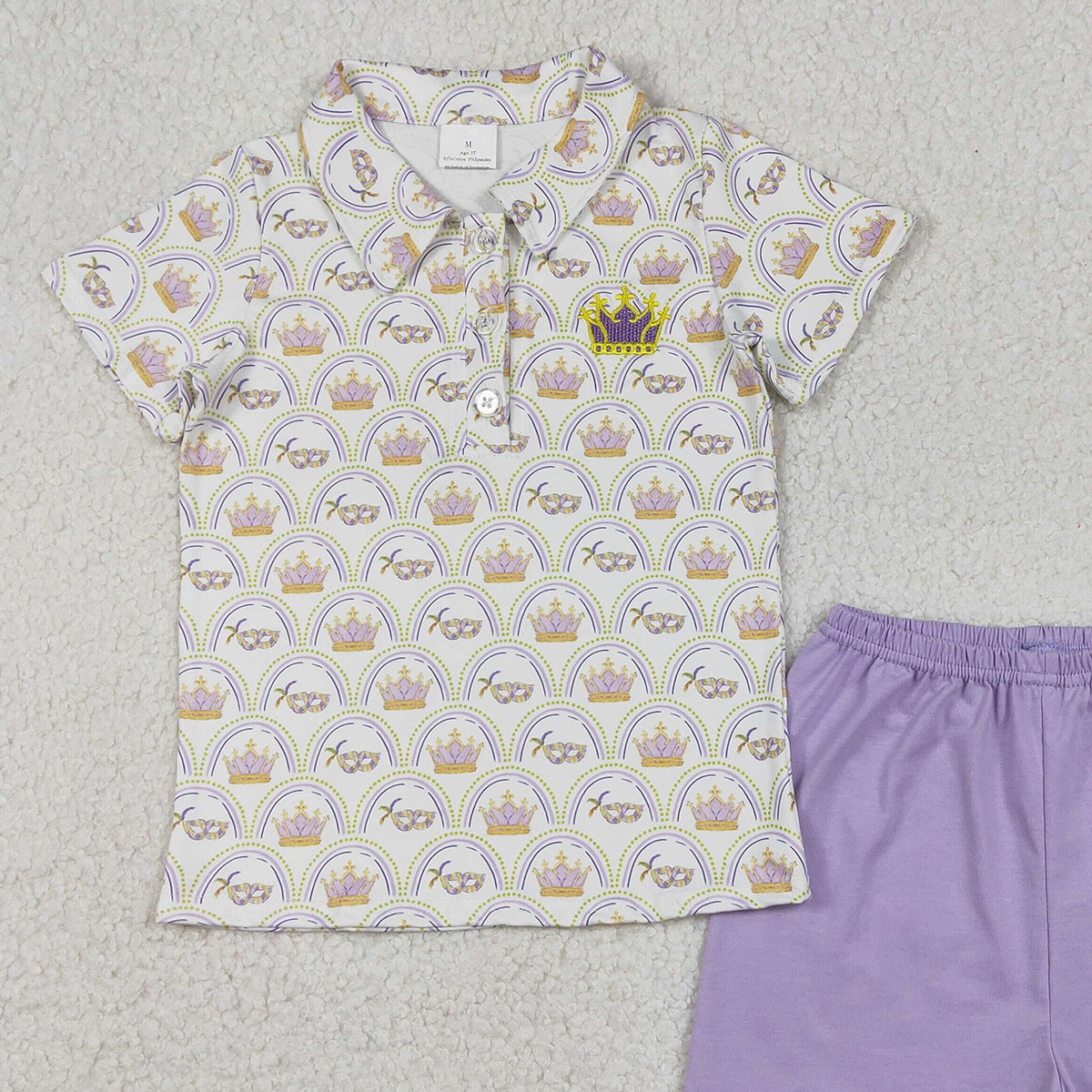 12.23 RTS NO MOQ （In stock）BSSO1565 Embroidery Crowns Baby Boys Mardigras Checked Button Polo Top Shorts Clothes Sets