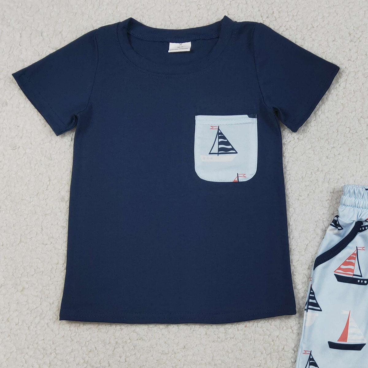 3.27 RTS NO MOQ （In stock）BSSO1855 Fashion Clothing For Baby Boys Short Sleeve Navy Shirt Top Boats Pockets Shorts Clothes Sets