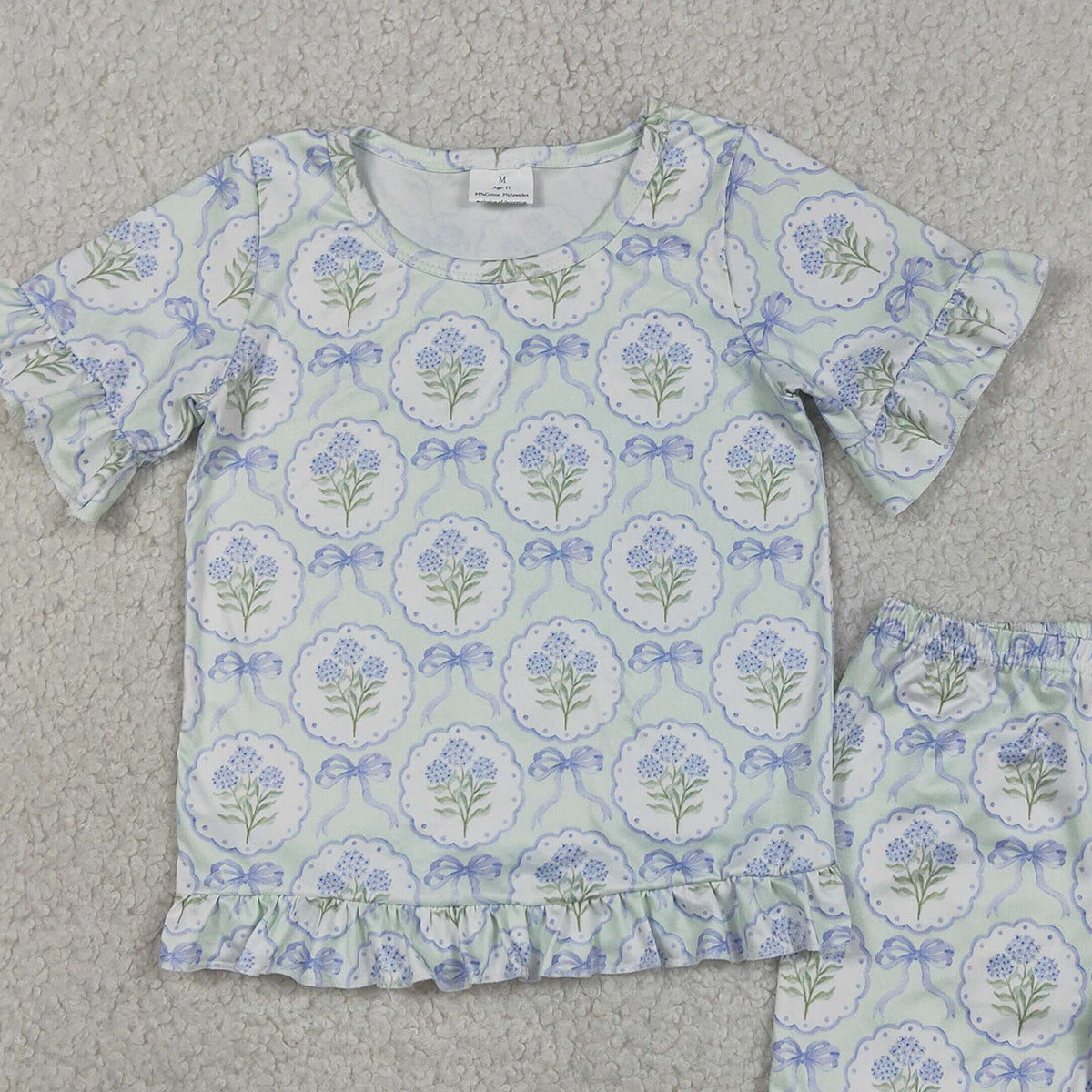 GSSO3323 RTS NO MOQ （In stock ）Short sleeves floral bow ruffle top shorts girls outfits