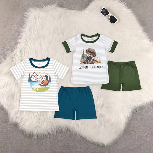 8.15 RTS Sibling Baby Boys Summer Boys Outfits Grey stripe dog top olive shorts kids boys summer outfits