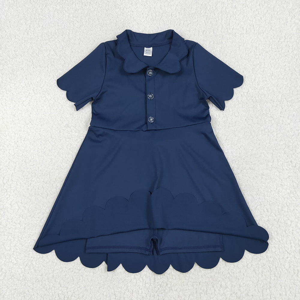 7.02 GSD2487RTS NO MOQ Baby Girls Summer Yoga Dress Baby Girls Navy Short Sleeves Button Yoga Knee Length Dresses