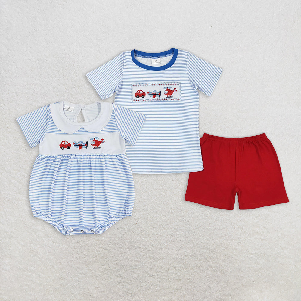 7.16 RTS NO MOQ Blue stripe transportation shirt red shorts boys clothes rompers
