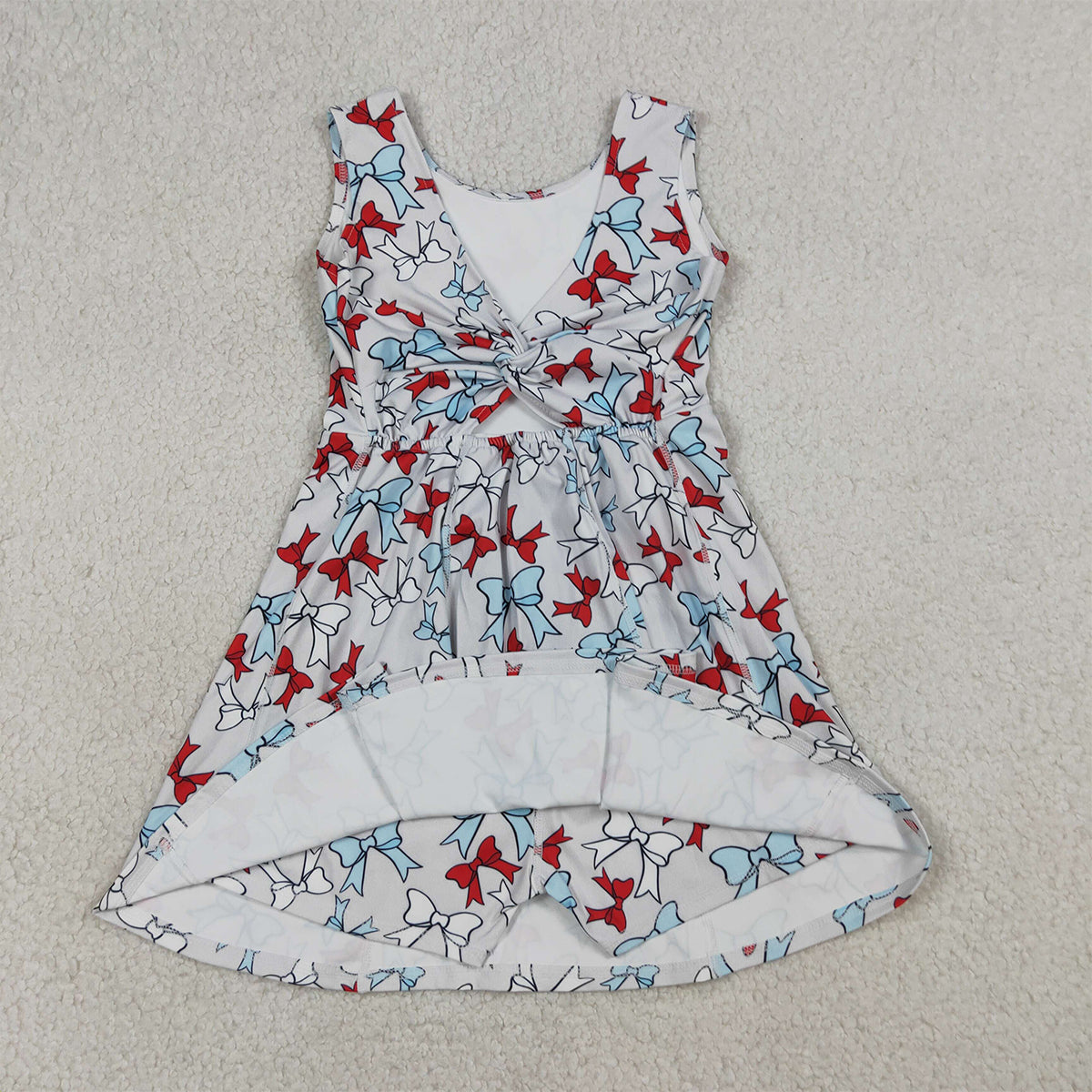 3.20 RTS NO MOQ （In stock）GSD3752 Kids Fashion Clothes Baby Girls Sleeveless Red Blue Bows Yoga Active 4th of July Shorts Knee Length Dress