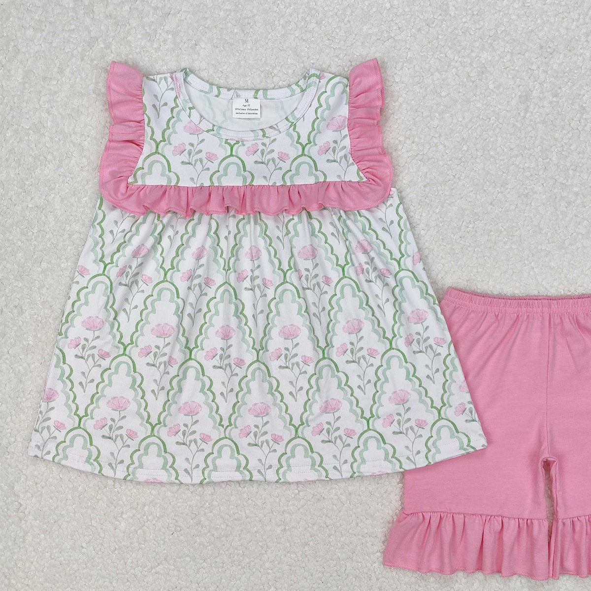 GSSO2013RTS NO MOQ Baby Girls Summer Outfits Girls Ruffle Green Pink Floral Tunic Short Set Summer Outfit Cute Floral Print Top And Shorts Combo for Little Girls