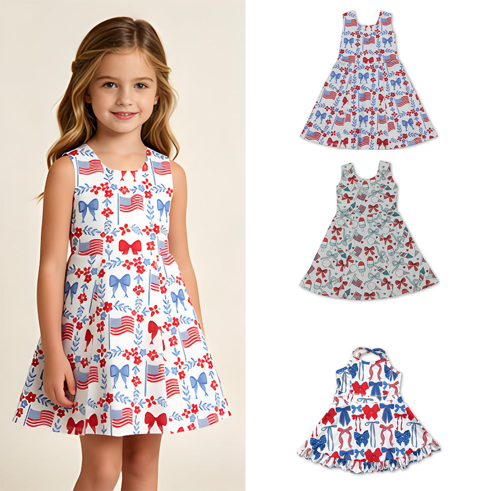 RTS Sibling Sleeveless floral flag bow girls 4th of july athletic dresses