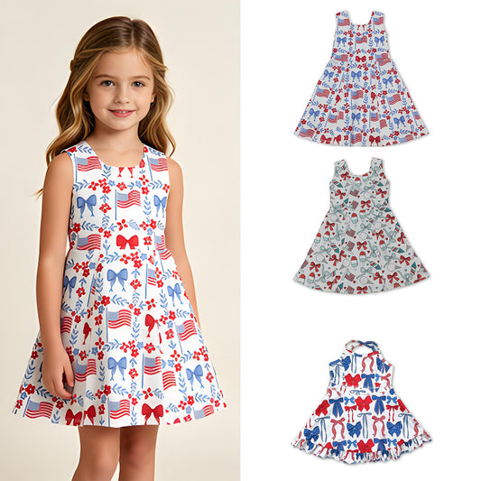RTS Sibling Sleeveless floral flag bow girls 4th of july athletic dresses