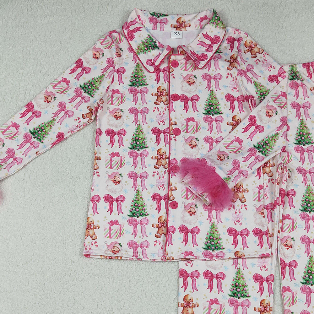 RTS NO MOQ （In stock）GLP2717 Adult women's pajamas set Bows Gingerbread Trees Button Top Pants Christmas Fur Pajamas Sets