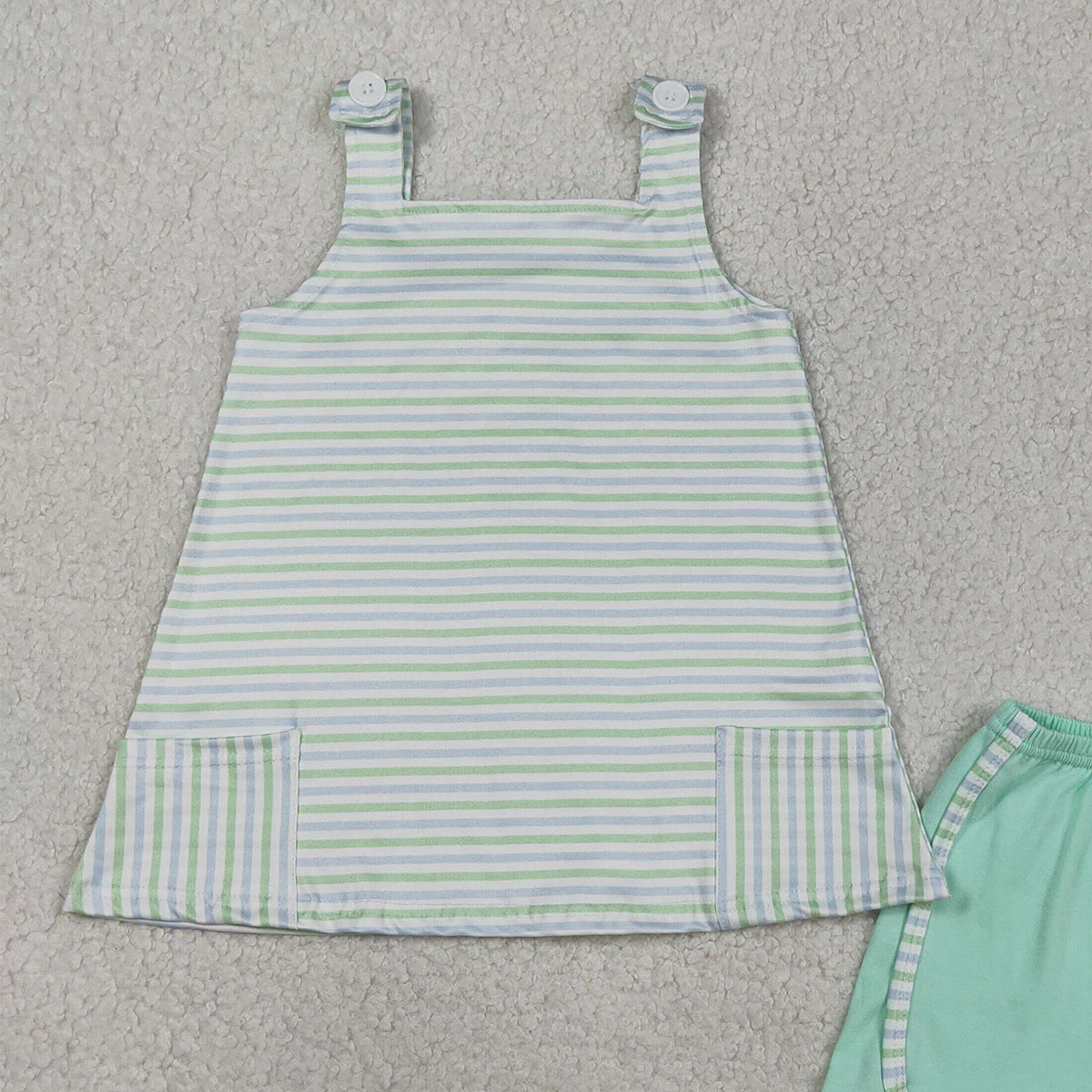 3.11 RTS NO MOQ （In stock）GSSO3110 Kids Clothing for Girls Baby Girls Strap Green Stripe Pockets Tunic Shorts Clothes Sets