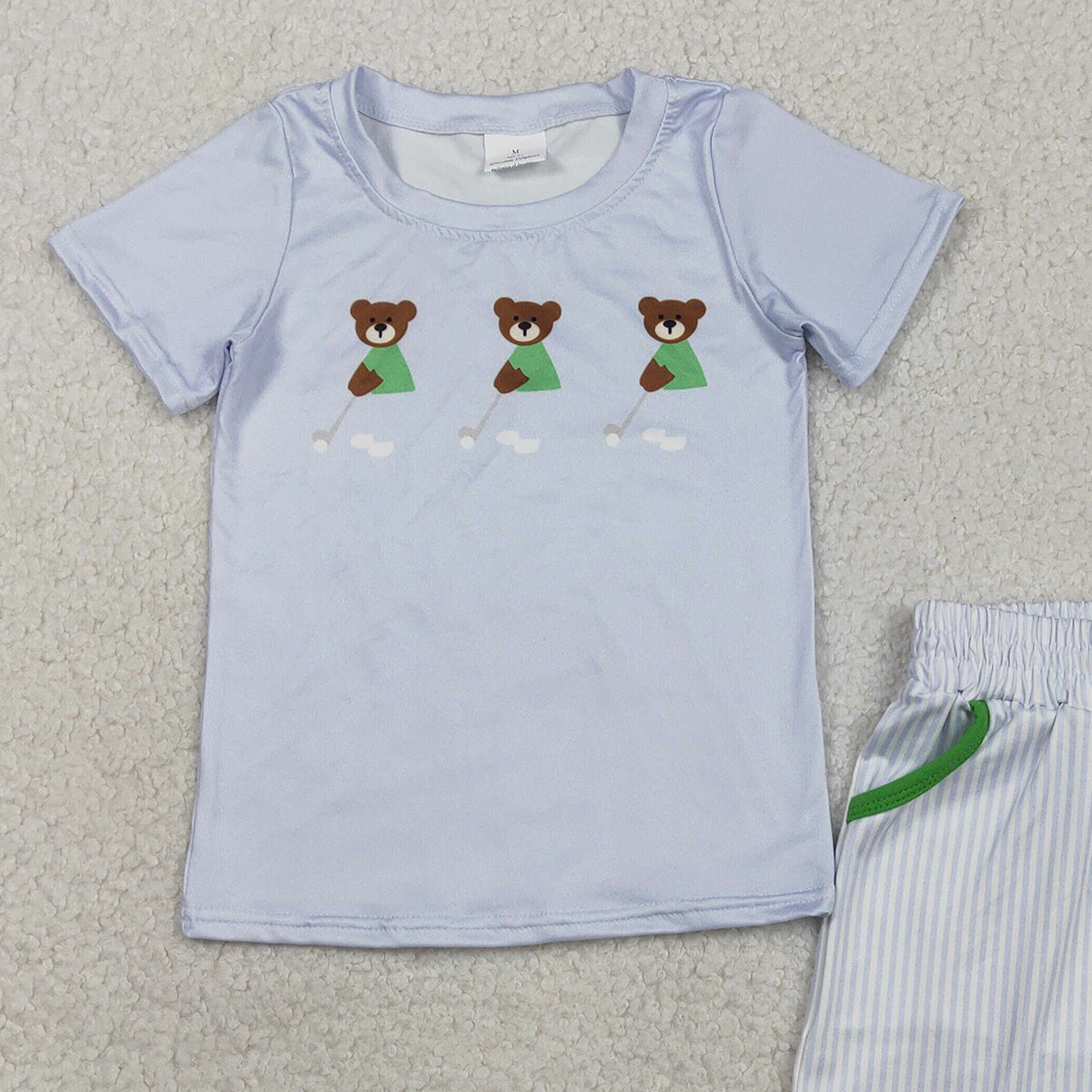 1.23 RTS NO MOQ （In stock）BSSO1757 Baby Boys Blue Bears Golf Top Pockets Stripe Shorts Clothes Sets