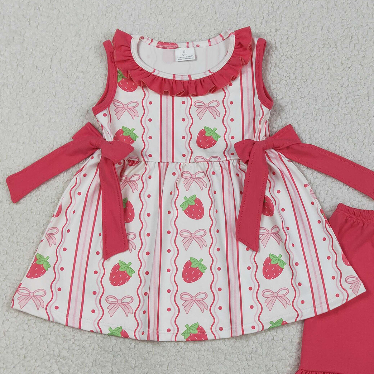 3.14 RTS NO MOQ （In stock）GSSO3276 Fashion Clothing For Baby Girls Sleeveless Strawberry Bows Stripe Tunic Ruffle Shorts Clothes Set