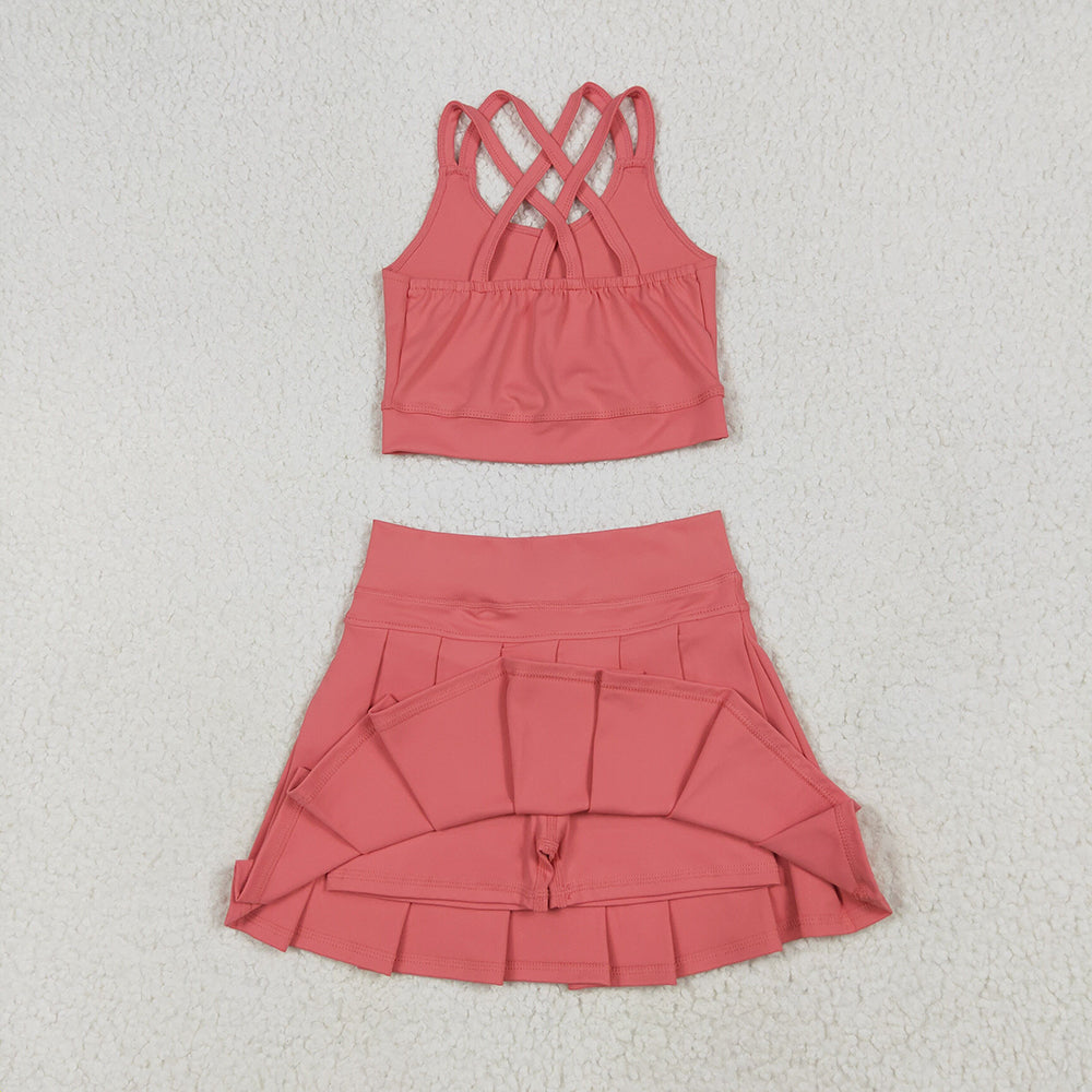 GT1004+GLK0080RTS NO MOQ Peach straps kids girls summer activewear crop top Orange high waist activewear skorts sets