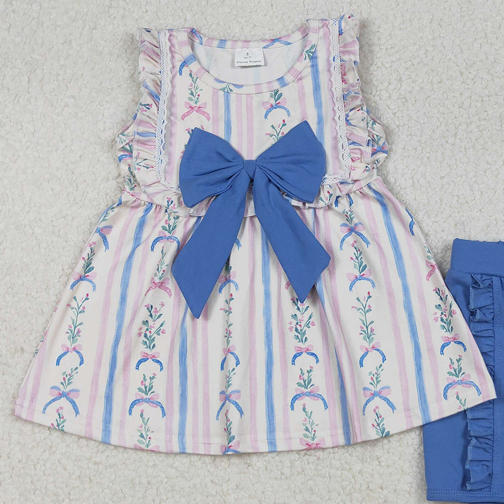 RTS NO MOQ （In stock）GSSO2533 Baby Girls Summer Outfits Sleeveless Floral Stripe Tunic Ruffle Shorts Sets