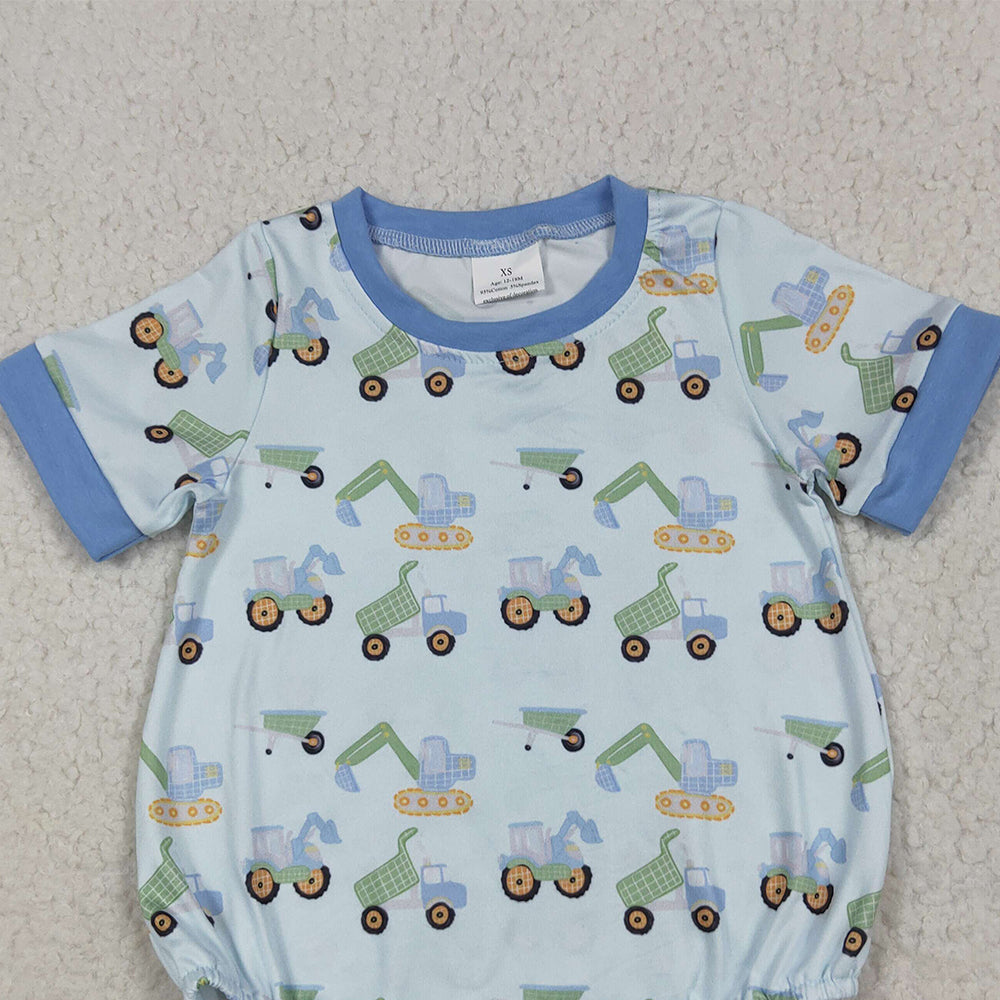 SR3142 RTS NO MOQ Baby Boys Summer Rompers Baby Boys Short Sleeves Blue Excavators Plaid Rompers
