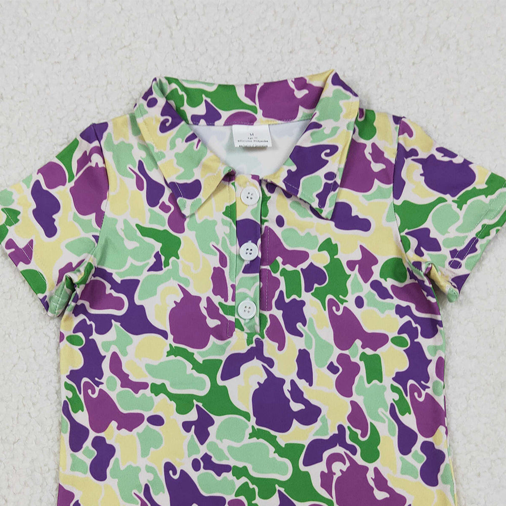 RTS NO MOQ （In stock）BT1345 Baby Boys Summer Tops Mardi Gras Purple Green Yellow Camo Button Polo Shirts Tops