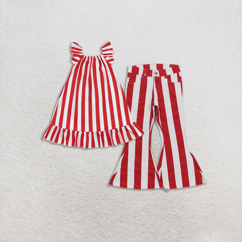 4.26 RTS NO MOQ Girls 4th of July Outfit Sleeveless Striped Stars Bow Dress and Pants Set Baby Girls Patriotic Outfit