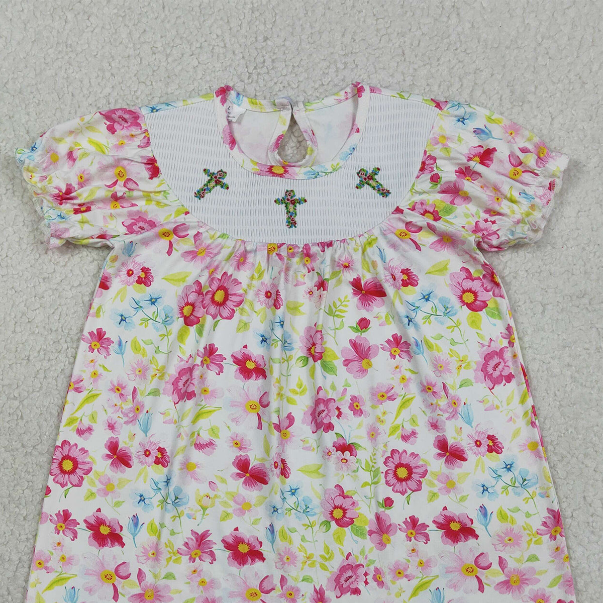 3.28 RTS NO MOQ （In stock）GSD3314 Floral short sleeves cross smocked baby girls Easter dress
