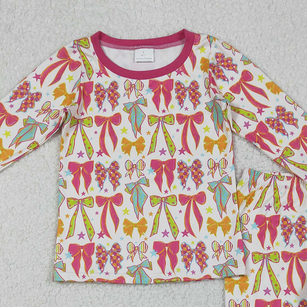 RTS NO MOQ （In stock）GLP2615 Baby Girls Winter Outfits Pink Bows Stars Top Pant Pajamas Sets